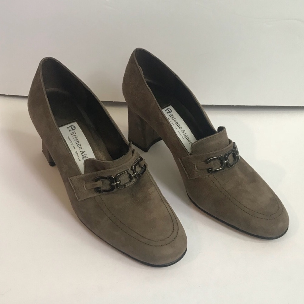 Etienne Aigner Suede Chain Link Heeled Loafer